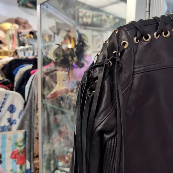 MADONNA & CO LUXE FRINGE LEATHER BOLERO JACKET BIKER BABE RARE - Picture 5 of 8